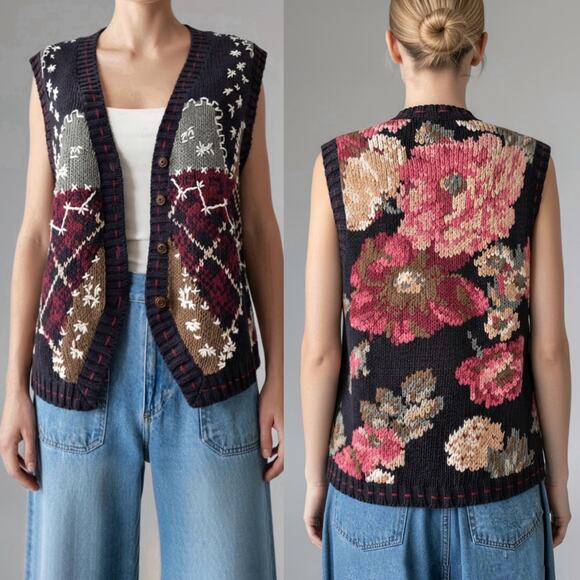 90s Embroidered Grandmacore Dark Floral Sweater Vest Cottagecore Whimsygoth Sz S - Picture 1 of 9